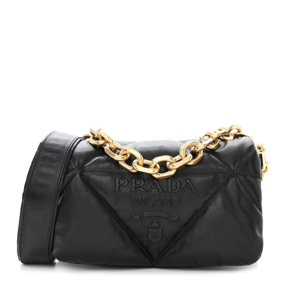Nappa Soft Padded Logo Embossed Triangle Quilted Small Shoulder Bag Black