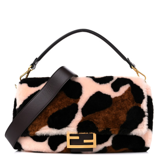 Shearling Vitello Dolce Leopard Print Large Baguette Pink Brown Multicolor