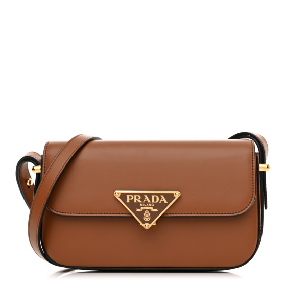 Soft Calfskin Metal Triangle Logo Flap Shoulder Bag Cognac