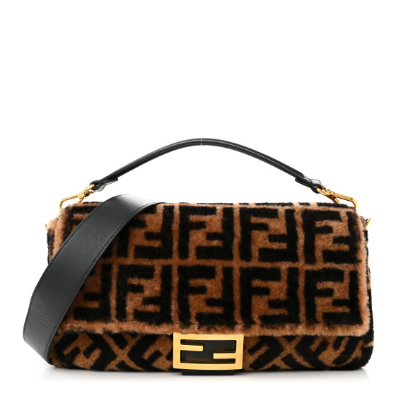 Shearling Vitello Dolce Macro FF 1974 Large Baguette Tobacco Black