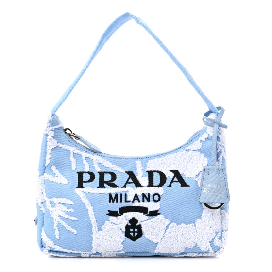Nylon Embroidered Drill Mini Re-Edition 2000 Bag Sky Blue White
