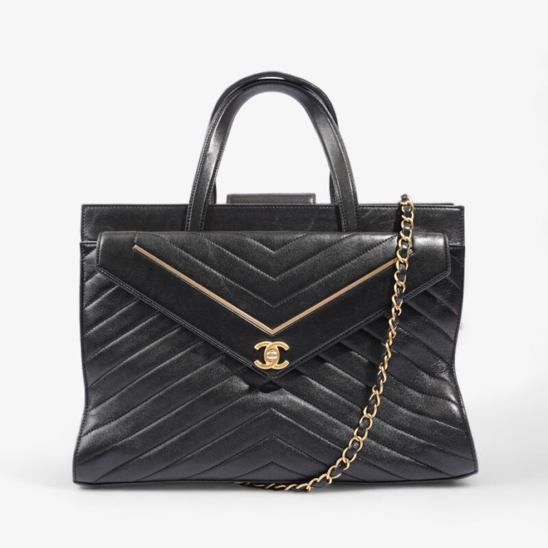 Chevron Quilted Tote Black Lambskin Leather Large
