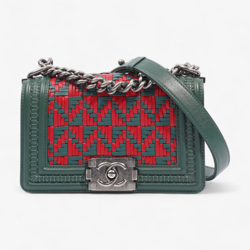Boy Braided Fabric Flap Bag Green+ / Red Leather