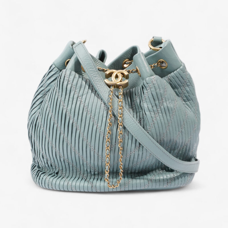Pleated Drawstring Light Blue Leather