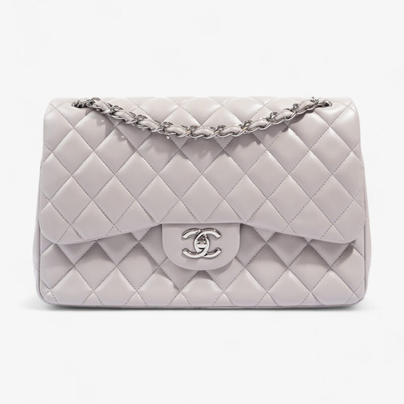 Classic Double Flap Grey Lambskin Leather Jumbo