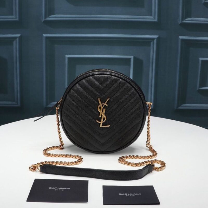 YSL CAMERA BAG VINYL ROUND IN BLACK LEATHER
