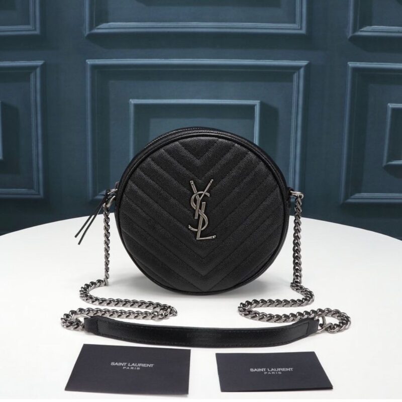 YSL CAMERA BAG VINYL ROUND IN BLACK LEATHER