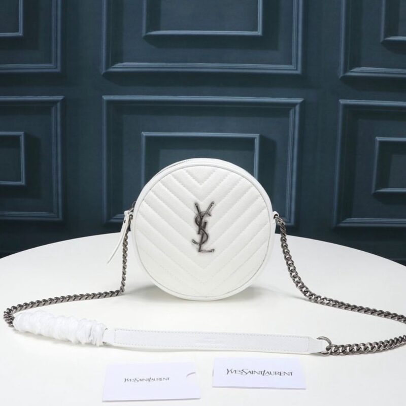 YSL CAMERA BAG VINYLE ROUND IN WHITE LEATHER